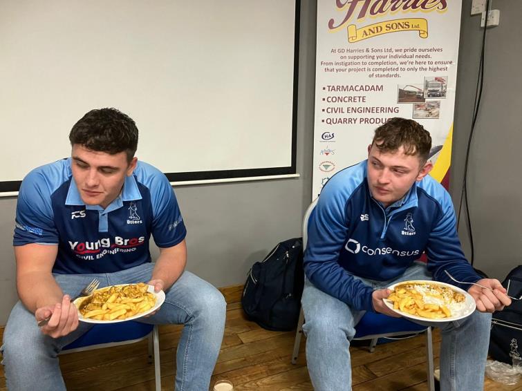 Narberth try scorers Hedd Nicholas and Dean James enjoy their grub